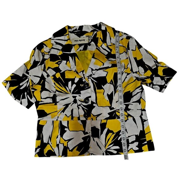 Jennifer Eden Womens Abstract Print Buttoned Short-Sleeve Blazer White/Yellow/Bl - Picture 8 of 10